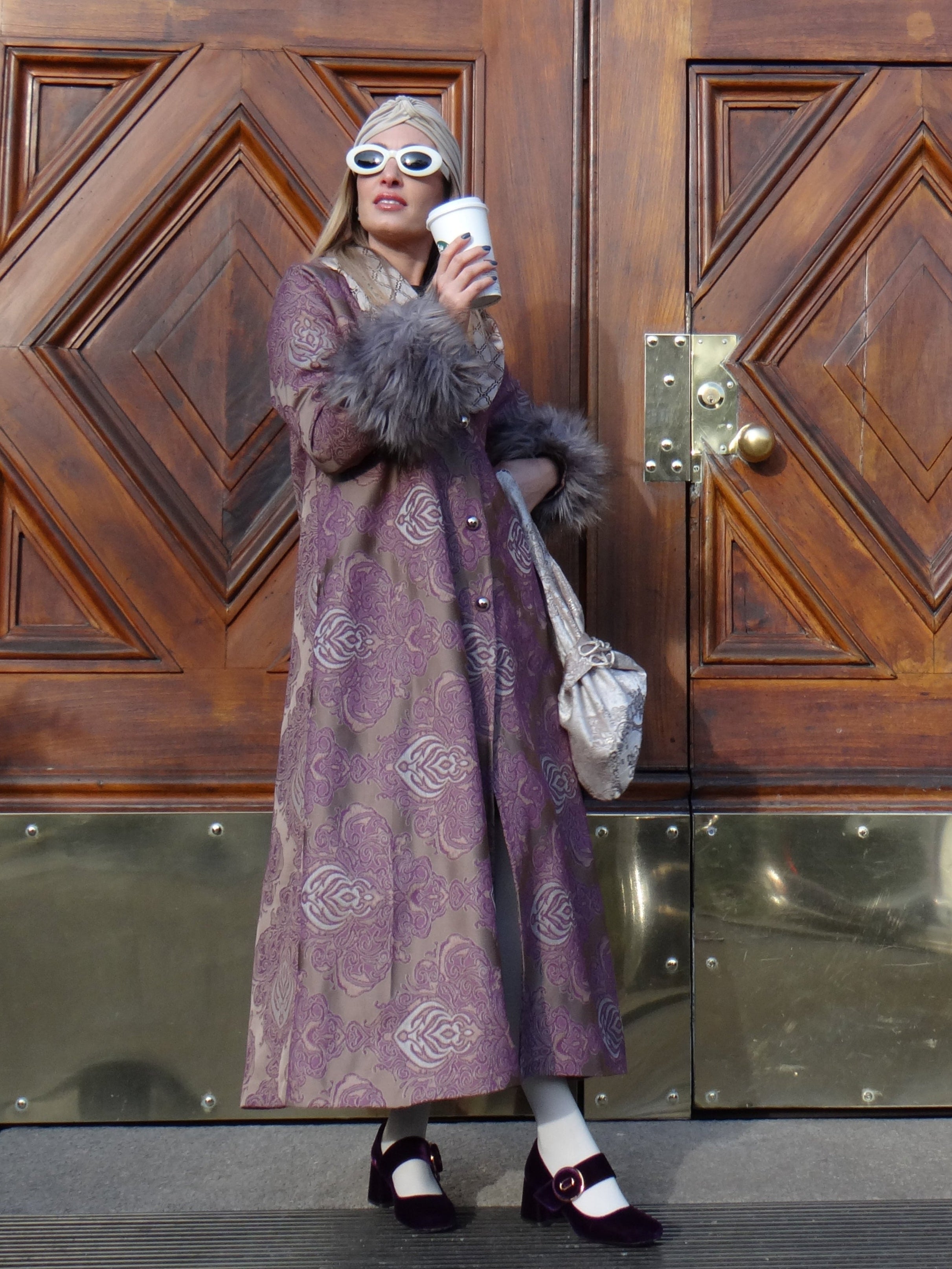 Handmade purple jacquard coat in Victorian-style embossed fabric, featuring grey faux fur cuffs and button closures. Unlined, standard size.
