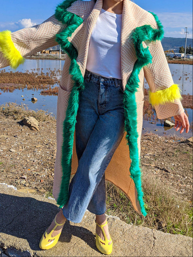 Alternate front view of handmade pink kimono jacket highlighting faux-fur collar trim and oversized fit.